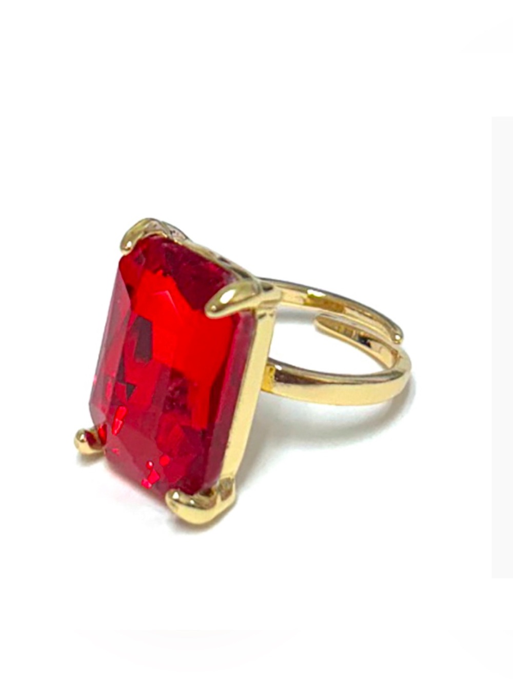 Red Adjustable Brass Rectangle Glass Stone Mirror Gold Ring